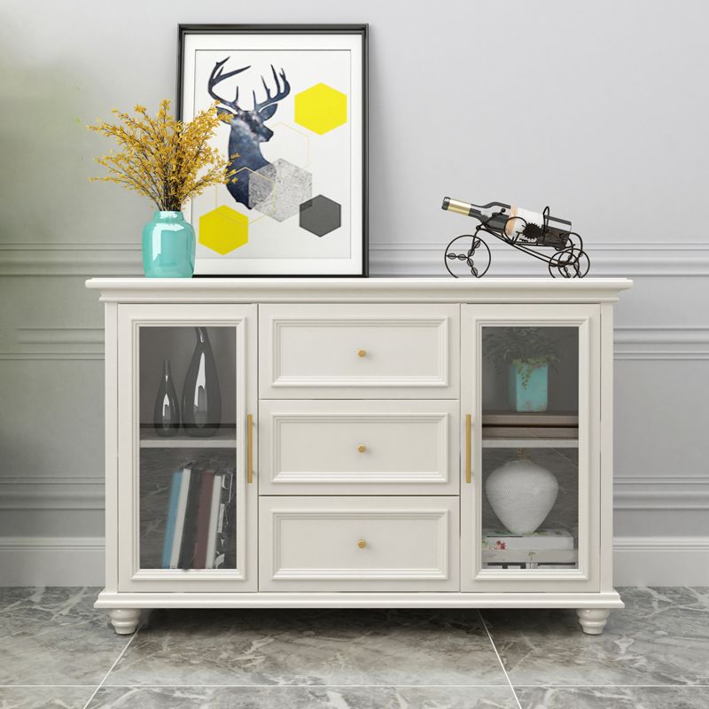Contemporary White Buffet Sideboard Solid Wood Sideboard Cabinet with Drawers and Doors