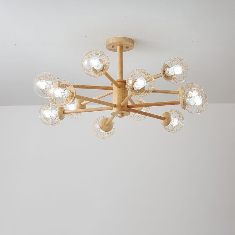 Beige 2-stufige radiale Leuchte nordische LED-hölzerne Kronleuchter Licht mit kugel klaren Glasschatten
