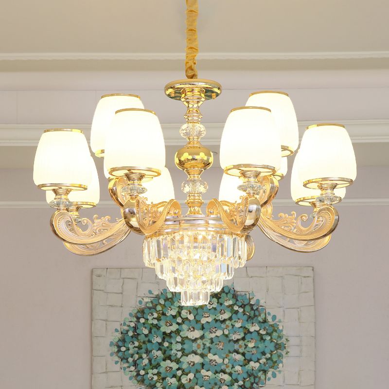 Barrel White Frosted Glass Chandelier Lighting Classic Bedroom Pendant Light with Tiered Crystal Accent