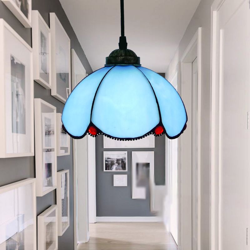 Single-Bulb Ceiling Light Vintage Scalloped Dome Stained Glass Hanging Pendant Light