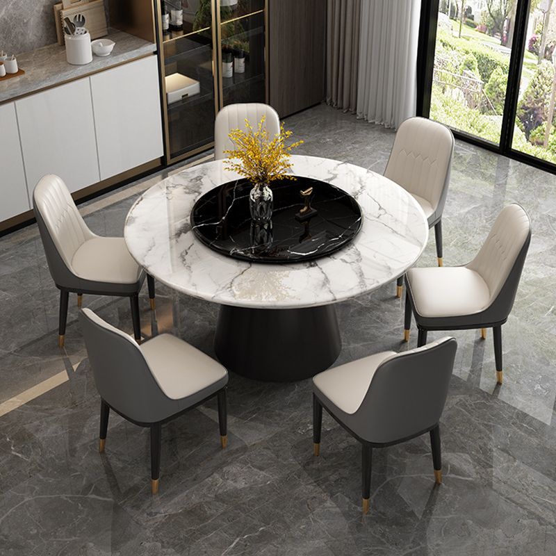 White Round Stone Dining Table Modern Convertible Furniture with Pedestal Base for Home