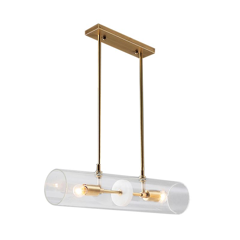 Clear Glass Horizontal Tube Island Pendant Minimalist 2 Heads Brass Finish Suspended Lighting Fixture