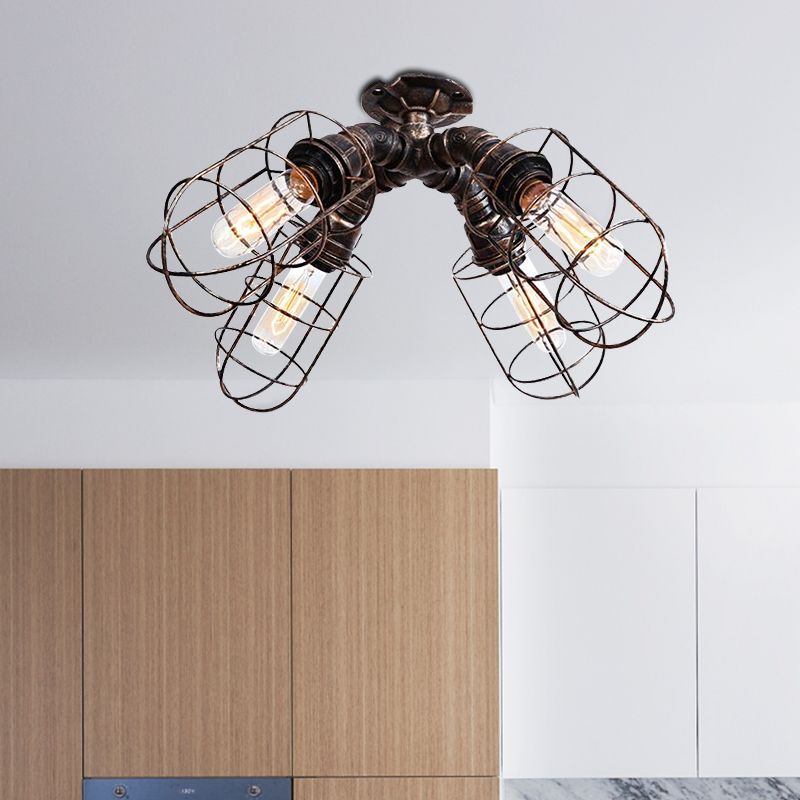 Plafonnier semi-encastré pour chambre à coucher en cage, fer industriel rustique, 4 ampoules, plafonnier en Bronze/argent vieilli avec Design de tuyau