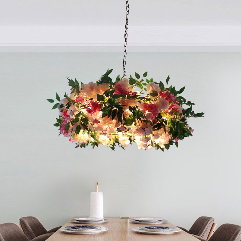 Araña colgante de sputnik negro metal industrial 5 cabezas sala de estar luminosa lámpara con deco floral rosa