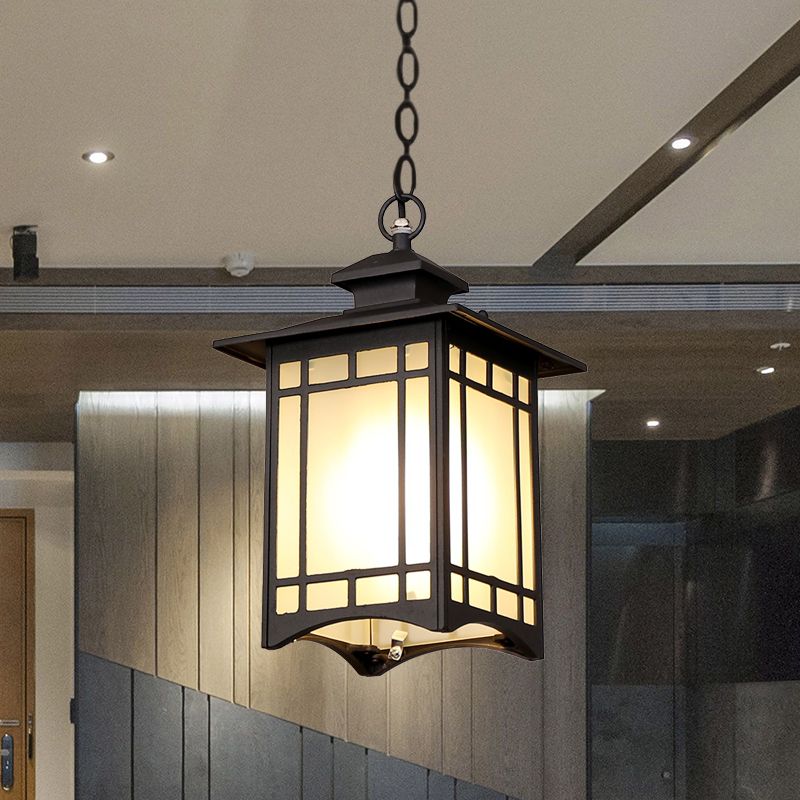Black Finish Open Bottom Pendant Rustic Frosted Glass 1-Bulb Courtyard Hanging Ceiling Light