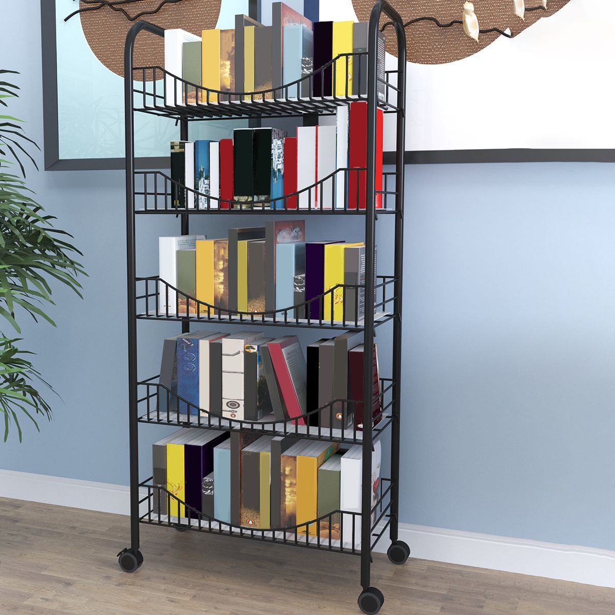 Contemporary Style Bookshelf Open Shelf Bookcase for Study Room Office with Casters
