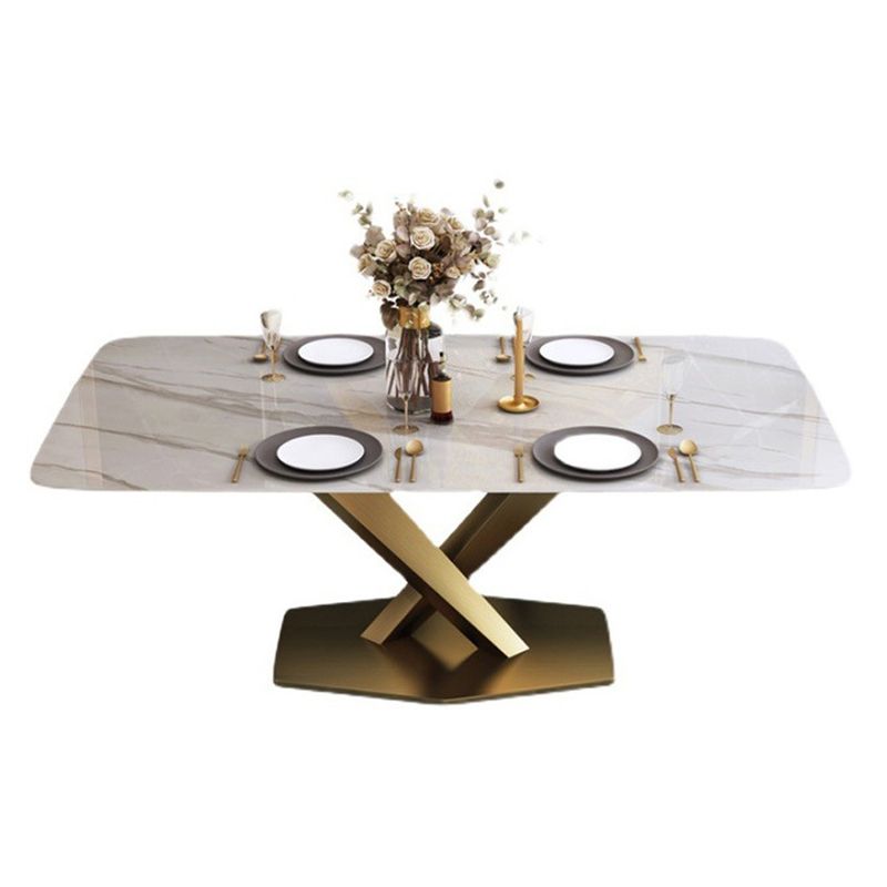 Rectangle Traditional Luxury Dining Table Sintered Stone Table with Gold Pedestal Base