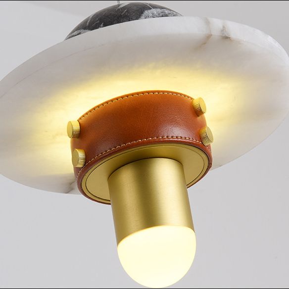 Novelty Postmodern UFO Shaped Pendant Light Marble Bedside LED Hanging Lamp in Gold