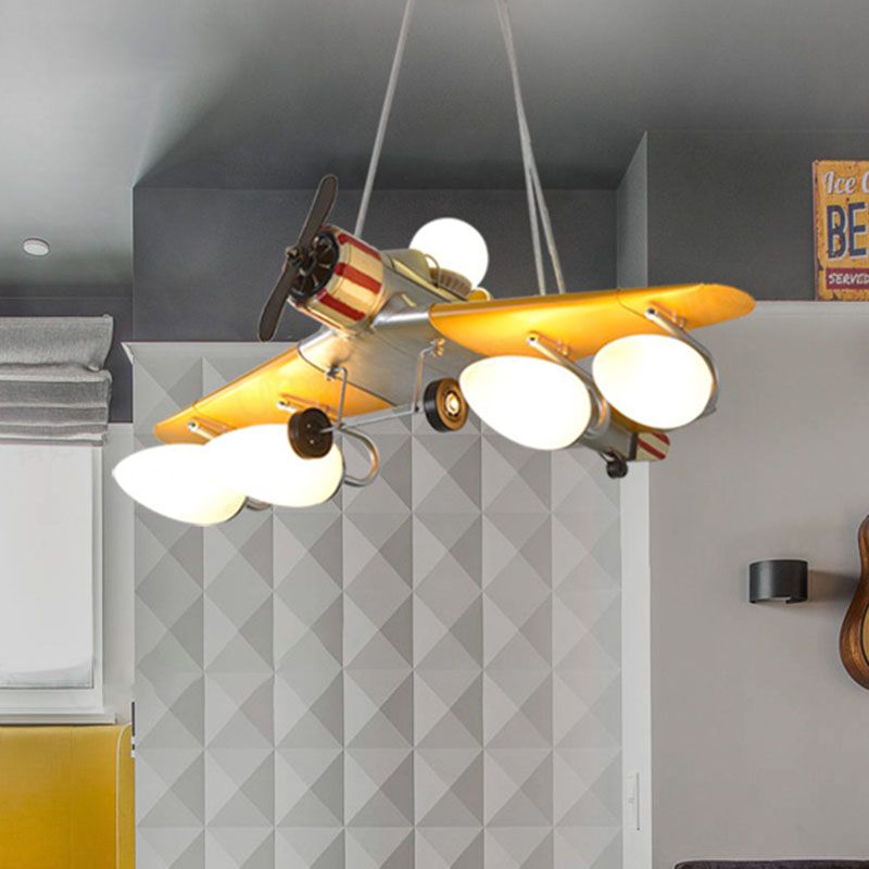 Yellow Aircraft Chandelier Lamp Cartoon 4-Light Metal Suspension Light with Cream Glass Shade