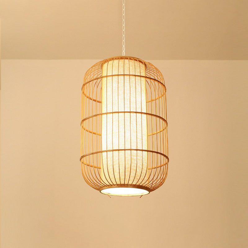 Oval Hanging Ceiling Lantern Chinese Bamboo Single Wood Pendant Lamp with Shade Inside