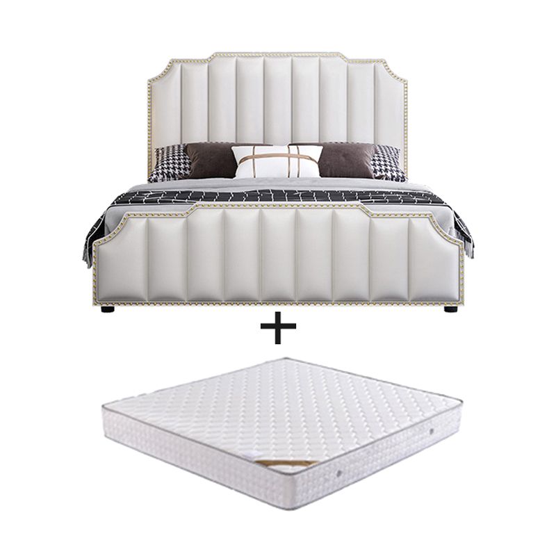 Luxurious Leather Bed Beige Upholstered Bed Frame with Nailhead Trim