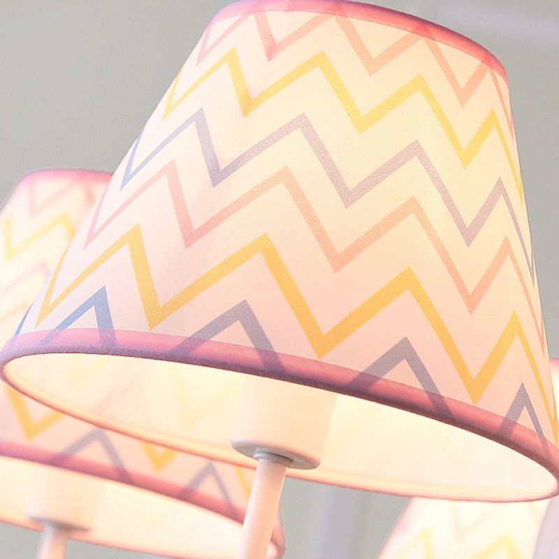 Tapered Shade Chandelier Kid Fabric 5 Bulbs Pink Pendant Light Fixture with Unicorn Figurine