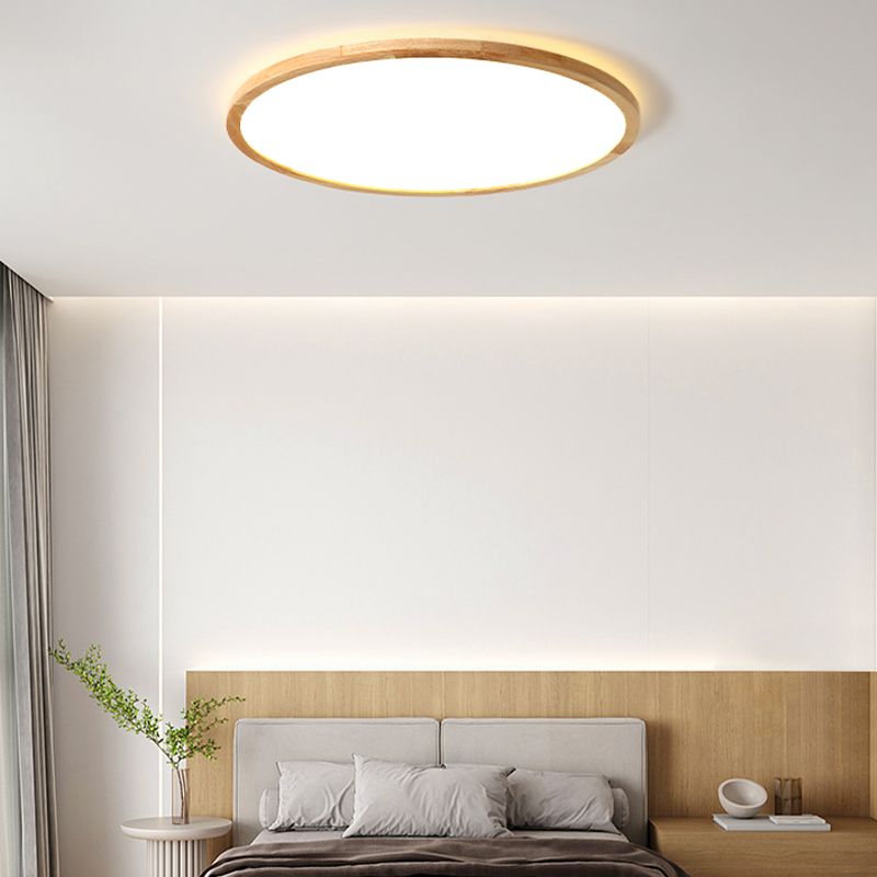 Round Wood Flush Mount Light Modern 1-Light Flush Mount Ceiling Light in Brown