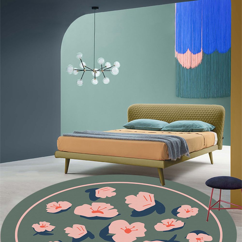 Fresh Modern Round Rug Simplicity Floral Print Rug Polyester Non-Slip Backing Rug for Home Decor