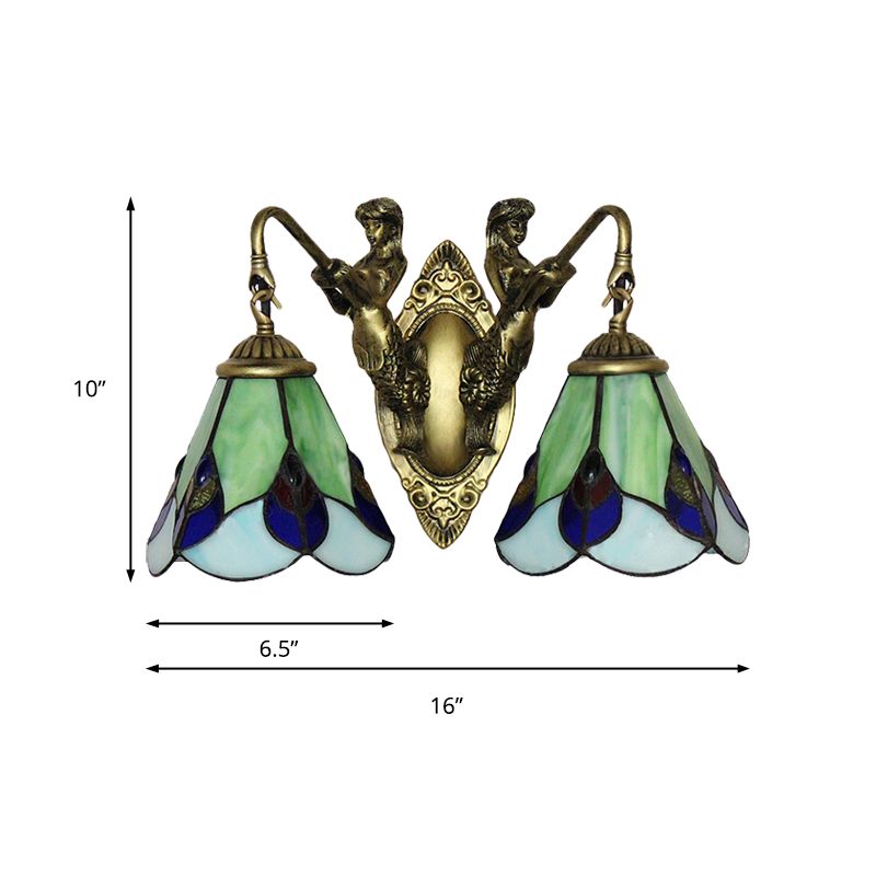 Green Glass Flower Wall Mounted Light Tiffany 2 Heads Antique Brass Sconce Lighting