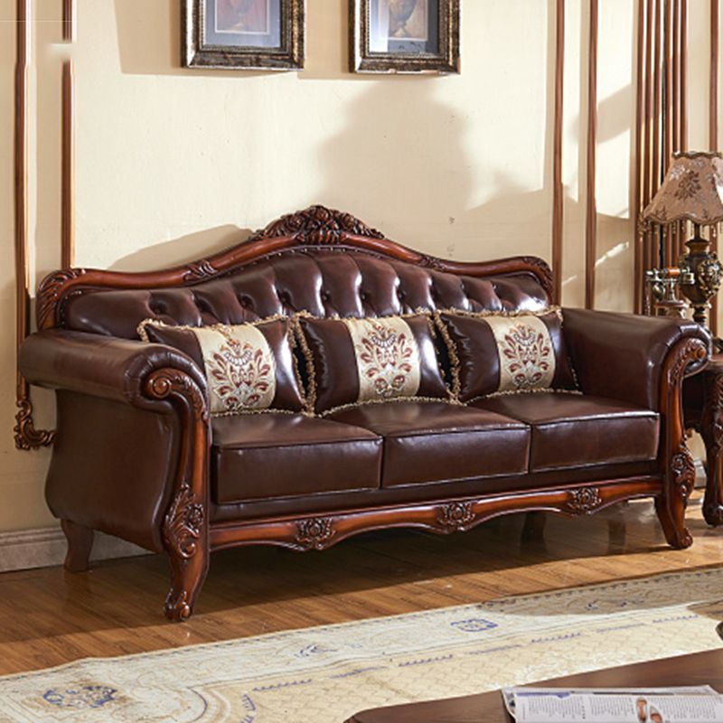 Genuine Leather Sofa Tufted Split-Back Rolled Arm Sofa in Brown