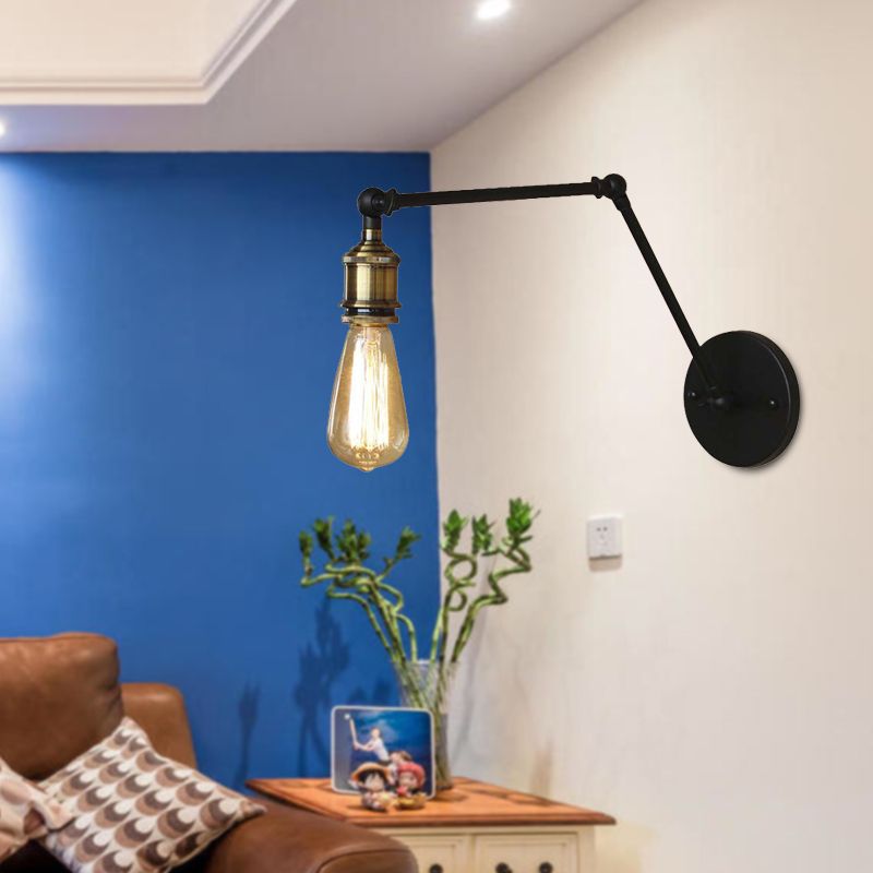 Iluminación de apliques de bombilla abierta industrial con brazo oscilante 1 Lámpara de pared metálica de luz en latón/negro para sala de estar
