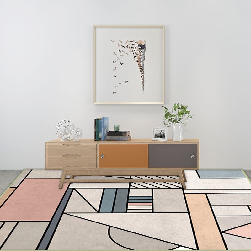 Modern Living Room Rug in Ivory Geometric Colorblock Print Rug Polyester Anti-Slip Backing Washable Area Rug