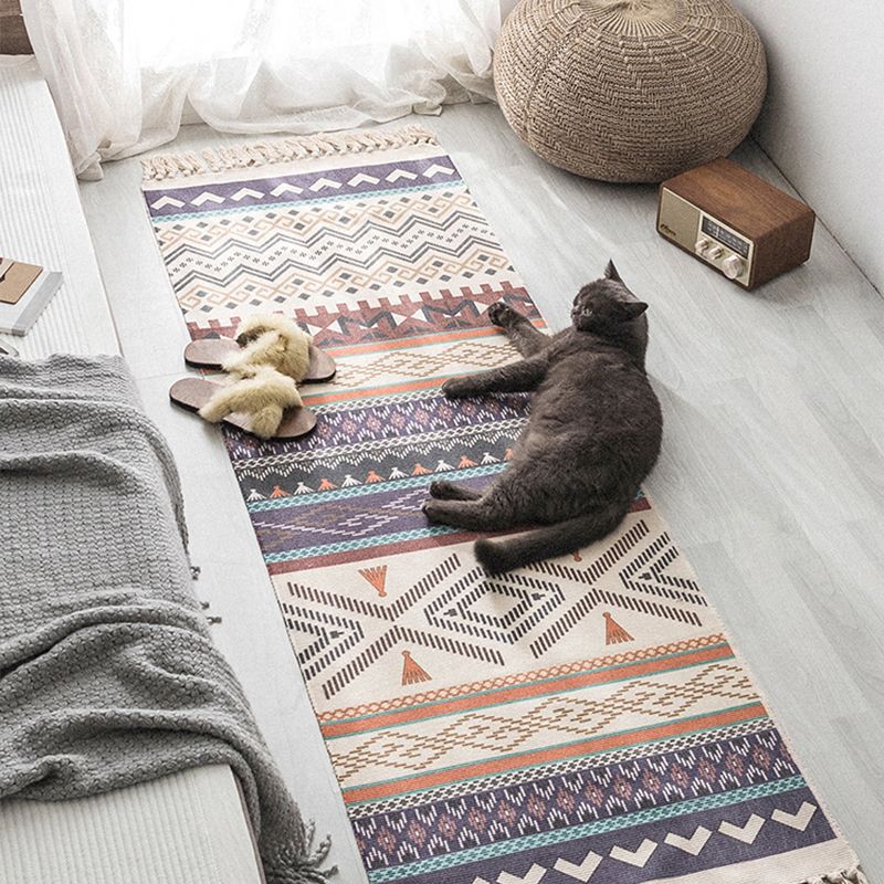 Moroccan Geometric Print Rug Multi Color Cotton Blend Carpet Machine Washable Pet Friendly Rug with Tassel for Room
