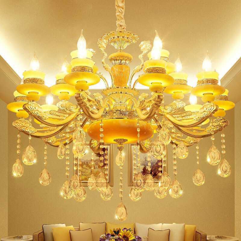 Candelabra Living Room Pendant Chandelier Country Jade Gold Hanging Lighting with Crystal Droplet