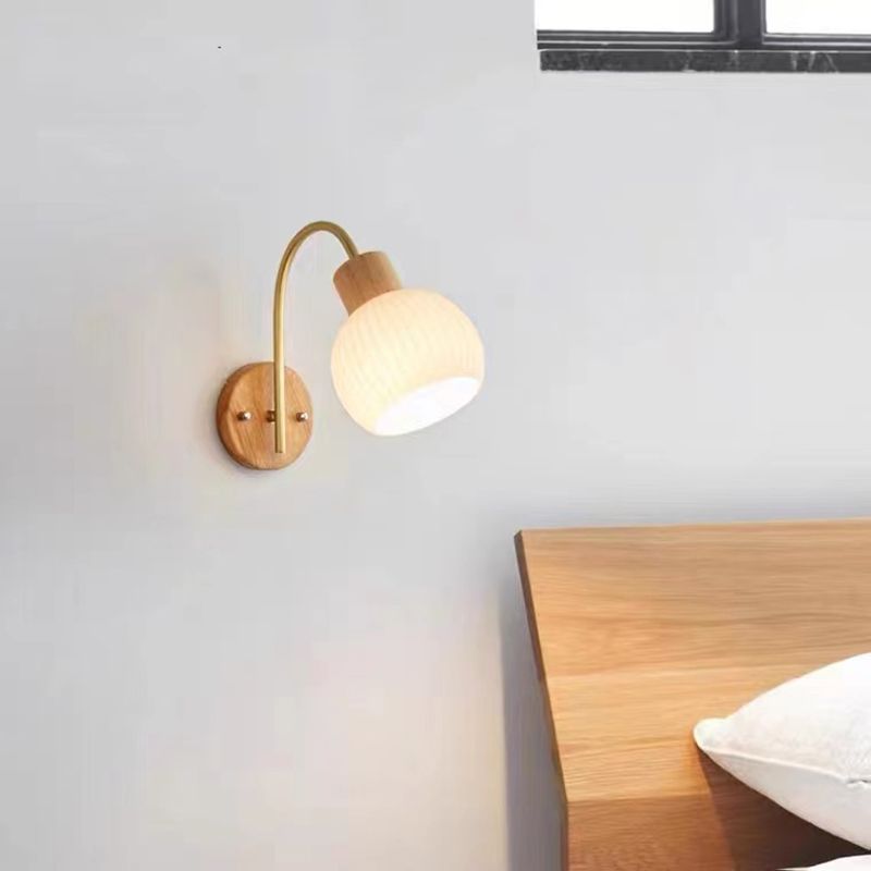 Nordic Wooden Wall Light Fixture Simple Glass Shade Wall Light Sconce for Bedroom