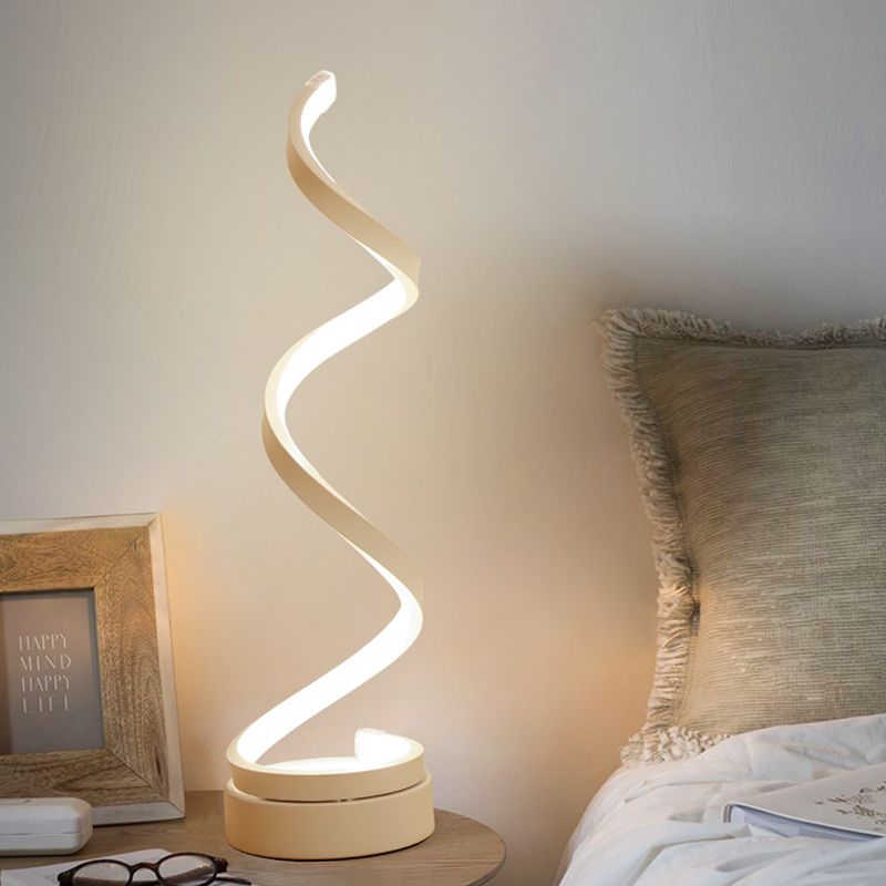 Minimalist Stylish Swirl LED Table Lamp Acrylic Bedroom Night Lighting in White with Plug In Cord