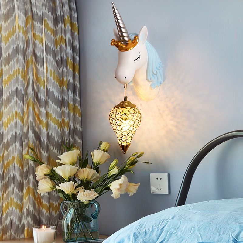 Resin Unicorn Wall Light Cartoon Single-Bulb Wall Lighting Fixture with Crystal Shade