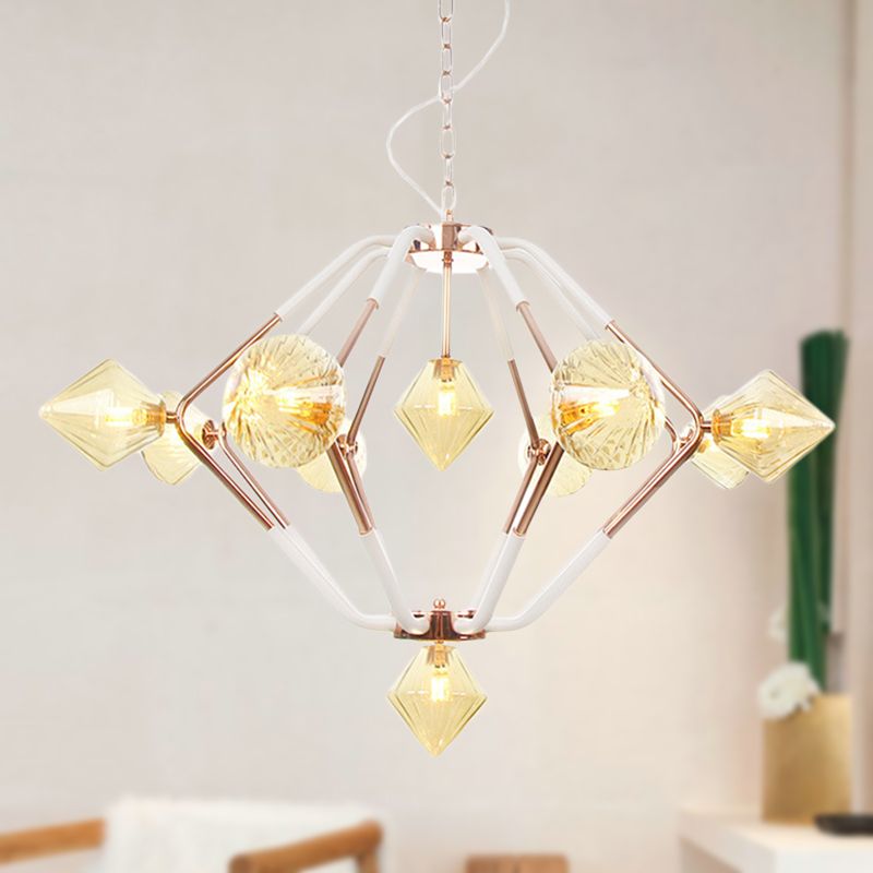 10 Lights Bedroom Chandelier Lighting Modern Rose Gold LED Hanging Ceiling Lamp with Diamond Amber Glass Shade