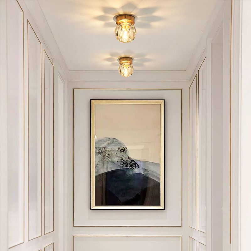 Mini Ball Semi Flush Ceiling Light Simple Faceted-Cut Crystal 1-Bulb Corridor Flush Light in Gold