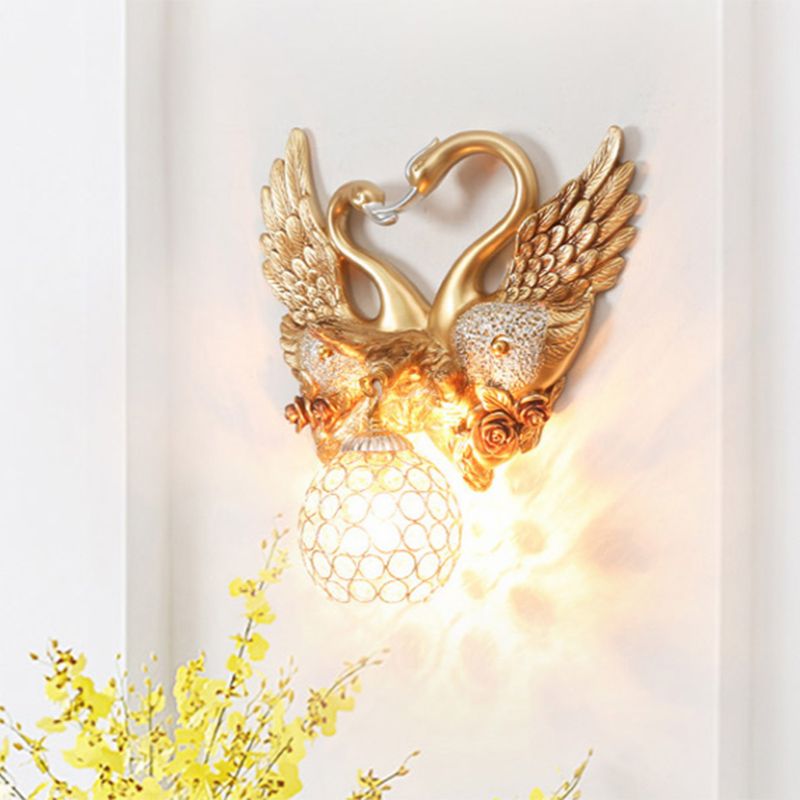 Resin Swan Wall Light Vintage 1 Light Gold Sconce Light with Dome Metal and Crystal Shade