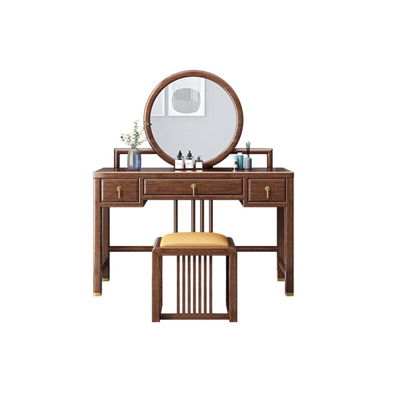 Traditional 3 Drawers Walnut Wood Mirrored Makeup Table Desk Vanity in Brown