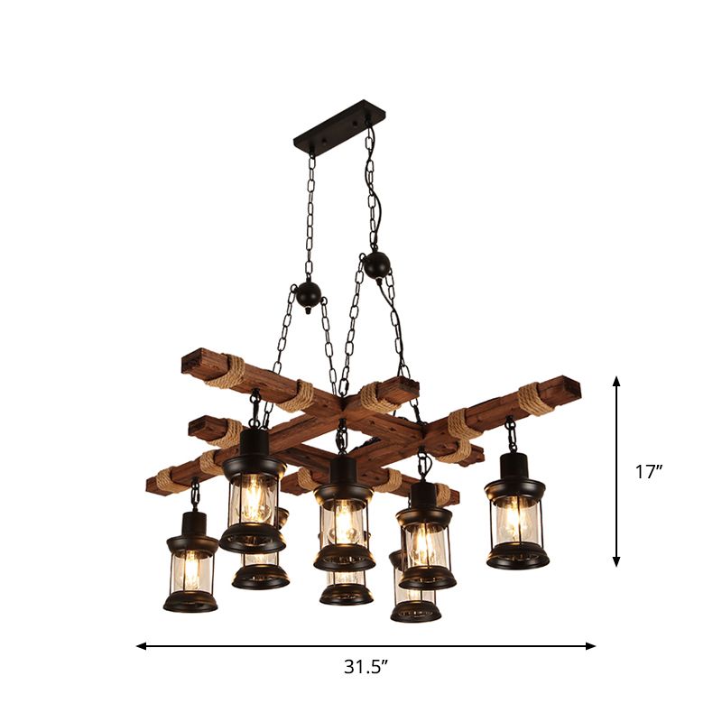 2/6/8 LUMIÈRES LANTERIE PENDANT Ferme de lampe brune îlot en verre transparent avec cercle / trapézoïde / bras en bois sillonnant