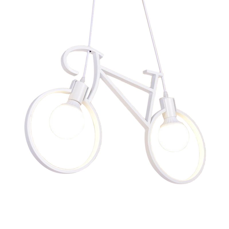 Black/White City Bike Hanging Light Kids 2-Light Iron Suspension Pendant with Open Bulb Design