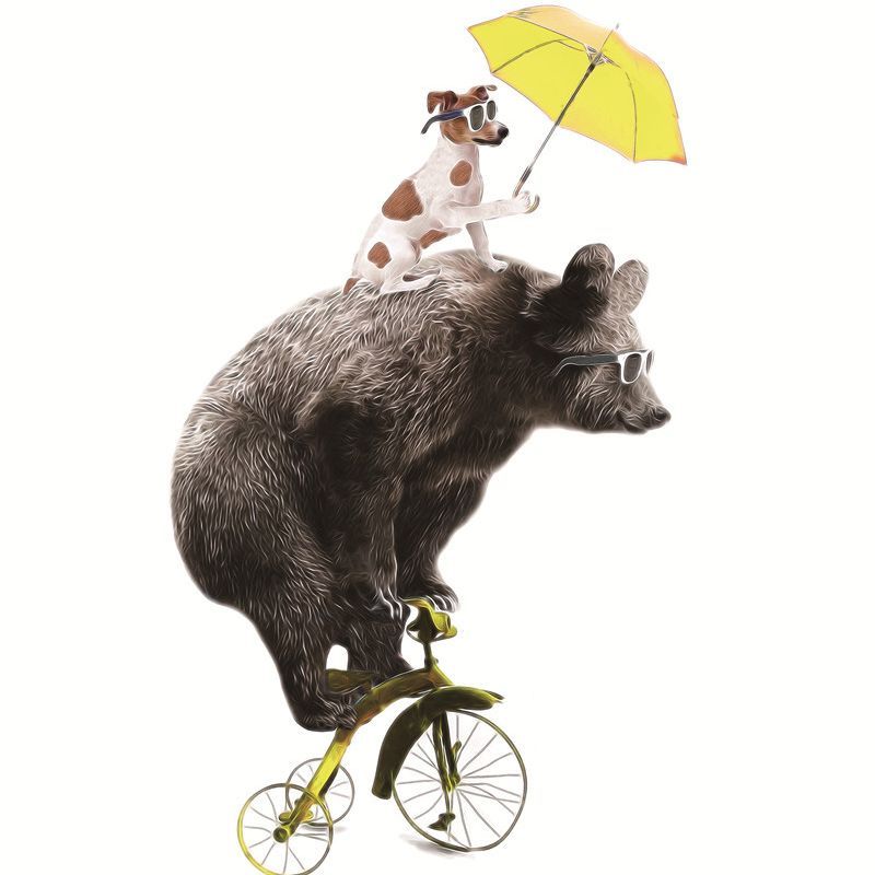 Contemporary Dog and Bear Wall Art Brown Decorative Wrapped Canvas for Living Room