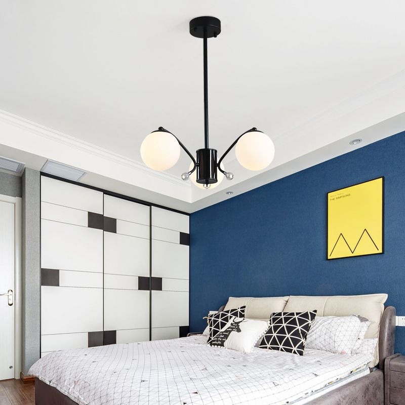 White Glass Ball Chandelier Modern 3/5/9 Lights Hanging Ceiling Fixture in Black with Curved Arm