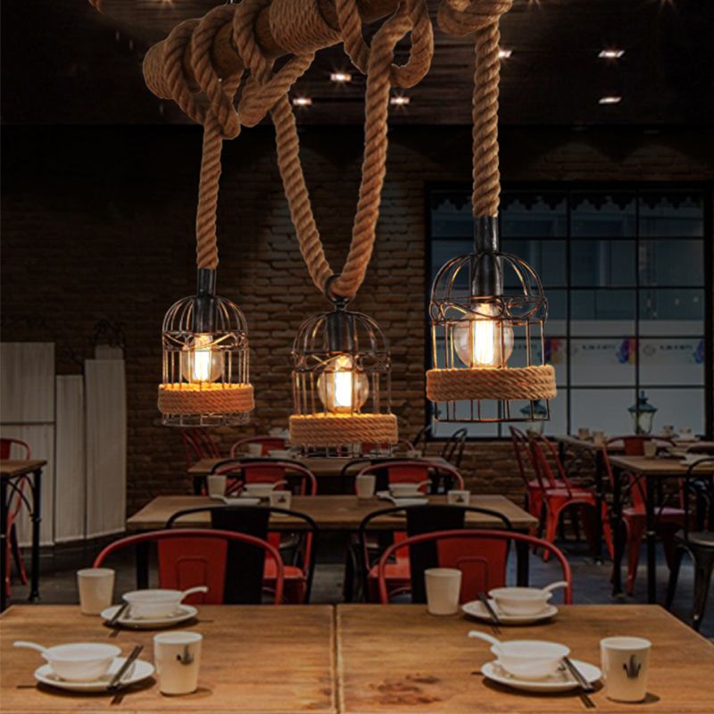 Industrial Style Birdcage Shape Island Pendants Rope Pendant Lights for Restaurant