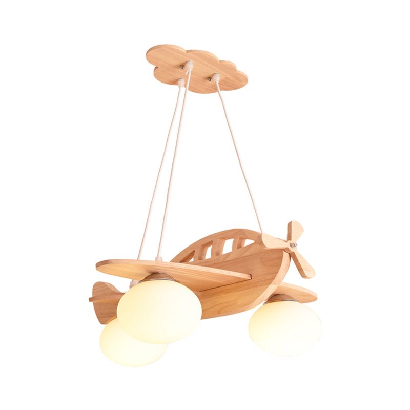 Wood Aircraft Shaped Chandelier Pendant Light Contemporary Beige LED Ceiling Light with Opal Glass Shade