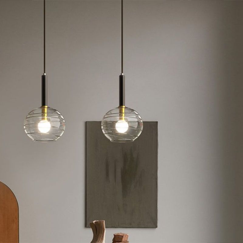 Moderne sferische hangende verlichting transparante textureerde glas met enkele eetkamer hanger in zwart