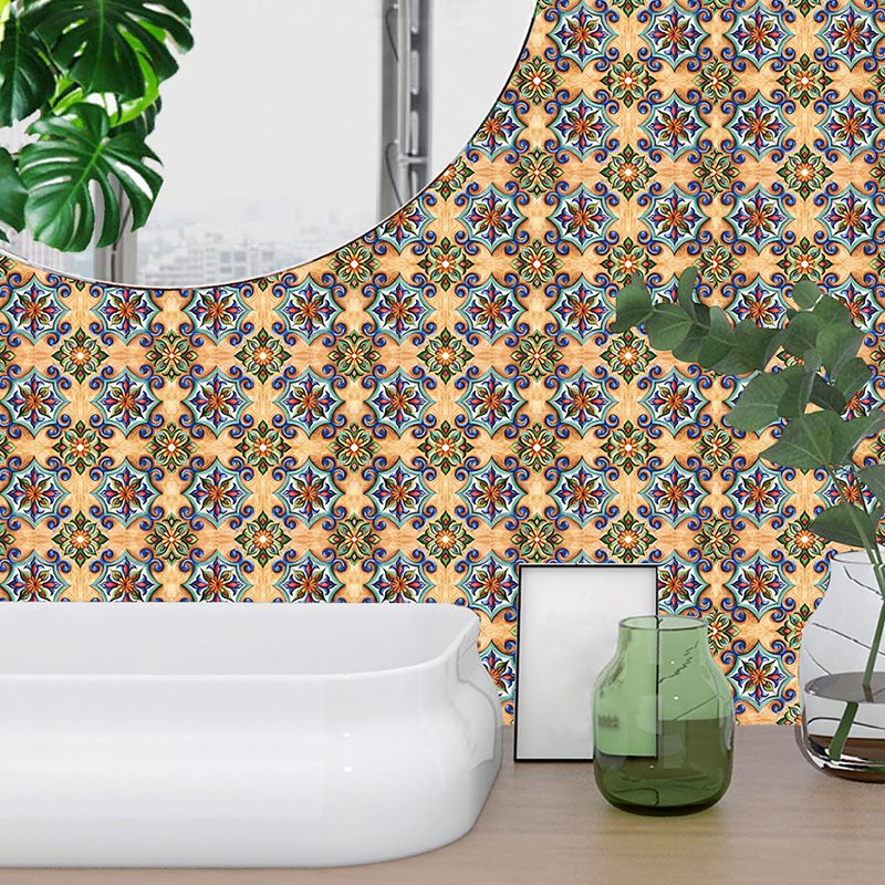 Floral Moroccan Tiles Wallpaper Panel Boho PVC Wall Art in Blue-Brown, Easy Peel off