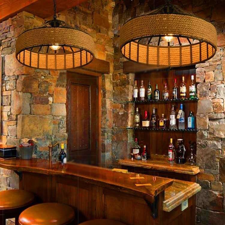 Rope Drum Pendant Light Fixture Warehouse-Style Restaurant Hanging Light Kit in Beige