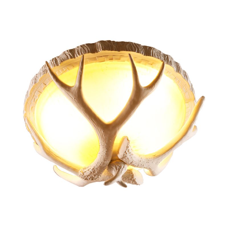 Dome Shaped Living Room Flush Mount Traditional Resin 3 Lights Brown Ceiling Light Fixture with Antler Deco