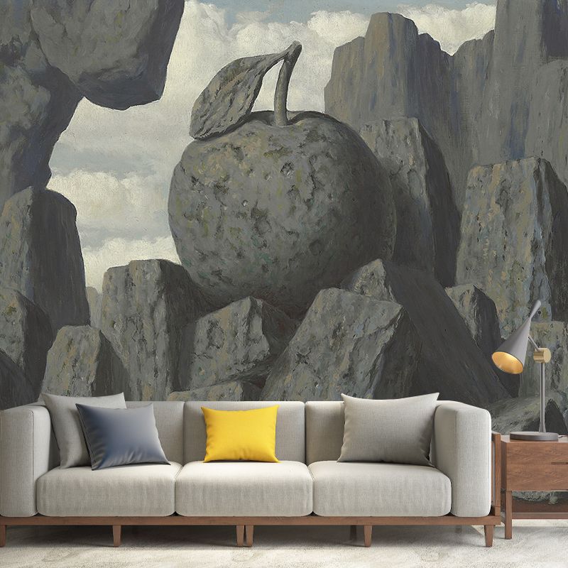 Grey Stone Mountain Wall Murals Magritte Artwork Surrealism Waterproof Wall Covering for Bedroom