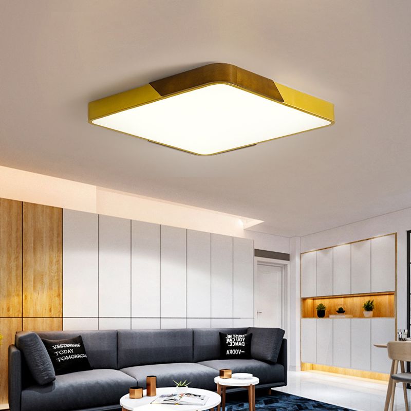Gold Metal and Wood Flush Ceiling Mount Lamp with Square/Rectangular Acrylic Diffuser Modern LED Ceiling Flush Mount for Bedroom in Warm/White/Neutral, 16"/19.5"/25.5" W