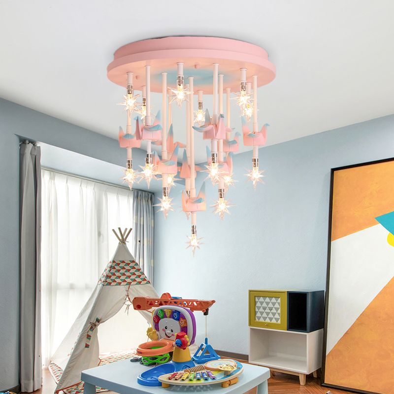Resin Horse/Bird/Crane Ceiling Light Fixture Kids 13/16 Lights Blue/Pink Flush Mount Lighting with Clear Glass Shade