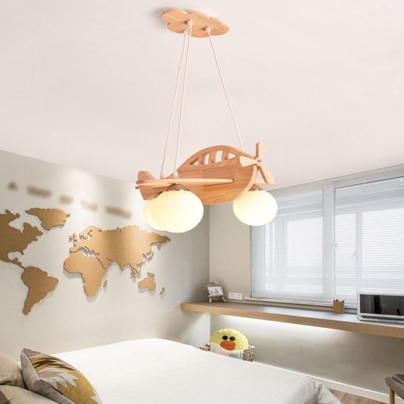 Wood Aircraft Shaped Chandelier Pendant Light Contemporary Beige LED Ceiling Light with Opal Glass Shade