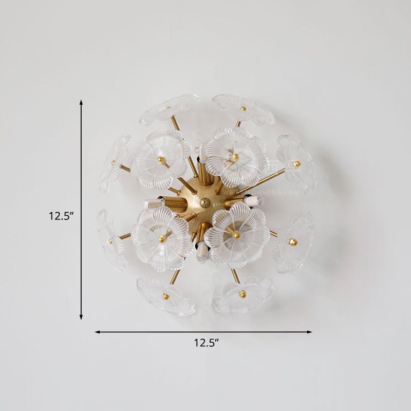 Clear Flower Glass Blossom Wall Light Sconce Contemporary 4 Heads Gold Finish Wall Mount Lamp