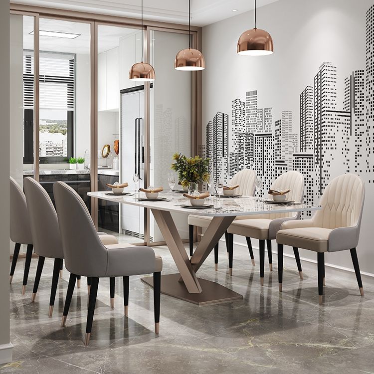 Contemporary Style Sintered Stone Dining Table with White Fixed Table and Trestle Base for Home Use