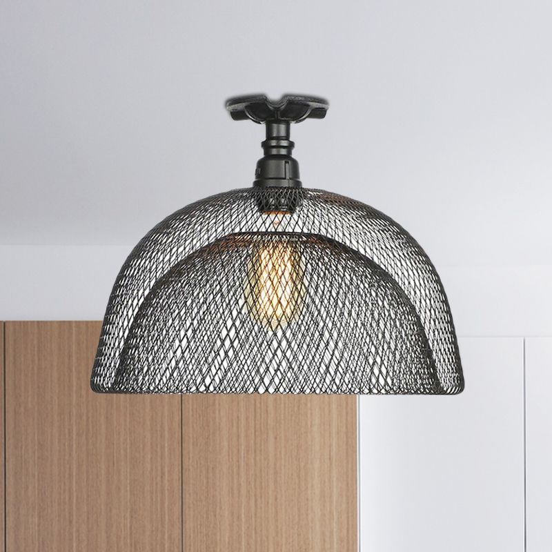 1 Bulb Saucer/Barrel Semi Flush Light Industrial Stylish Black Finish Metal Ceiling Mounted Light with Mesh Screen