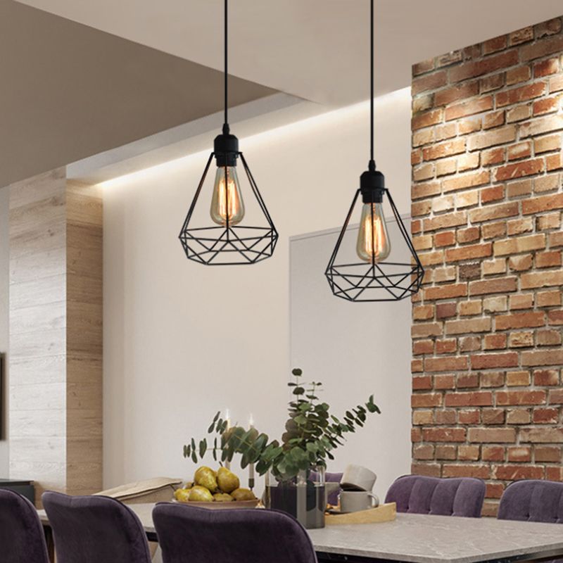 Diamond Iron Iron Cluster Accensione a sospensione Nordic Retro 1 Light Restaugh Hanging Lampada in nero