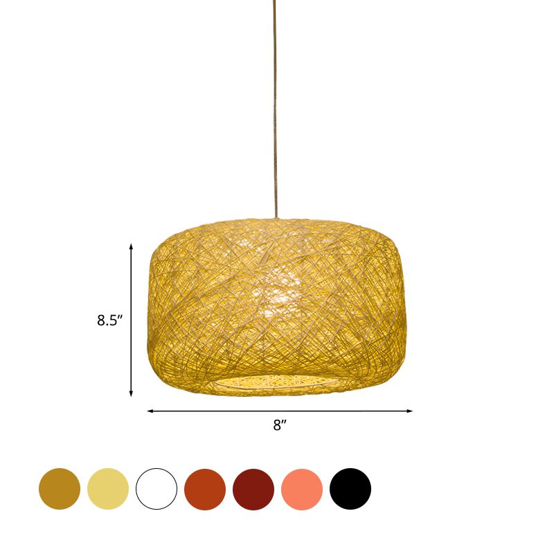 8 "/12" Dia Drum Hanging Leuchte Moderne Stil gewebter Rattan Rattan 1 Kopf Esszimmer Anhängerlampe in Schwarz/Weiß